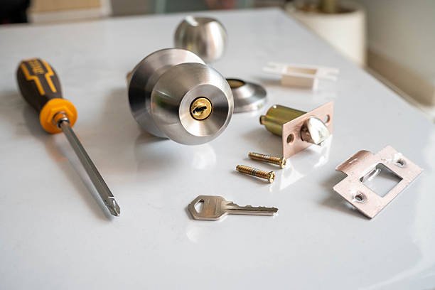 Damaged lockset mechanism captured in sharp close-up for maintenance reference.